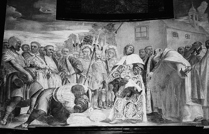 *19 Šv. Brunono Kverfurtiečio freskos Pažaislio kamaldulių vienuolyne 191 Karalius Boleslovas Narsusis aplanko pirmuosius Šv. Romualdo mokinius Lenkijoje, freska, tarp 1678 1685, M. Palloni sas 19.