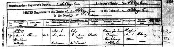 Birth Registration of Thomas Received from his Grand-niece Lynn Russell This shows that he was born in 1890 making him 25 as shown above.