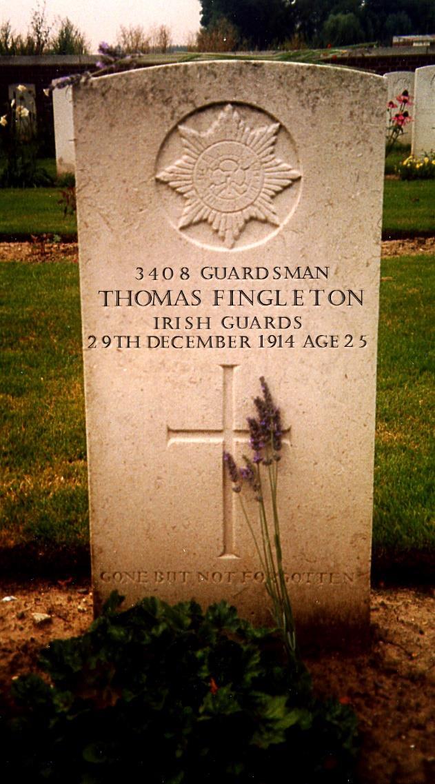 Left is his gravestone memorial in Le Touret Military Cemetery, Richebourg-L'Avoue, France the inscription has been digitally enhanced to better view details.