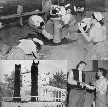 In the top yearbook photo below, 1960 Sigma Phi Kappa pledges (Judy Wellington, Sheila Hardesty and Pat Kaiser) fulfill their initiation by cleaning the Quadrangle Sundial.