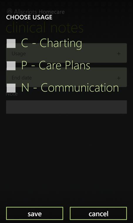 You will choose the appropriate box related to the clinical note. Select the needed usage codes, and then tap save.