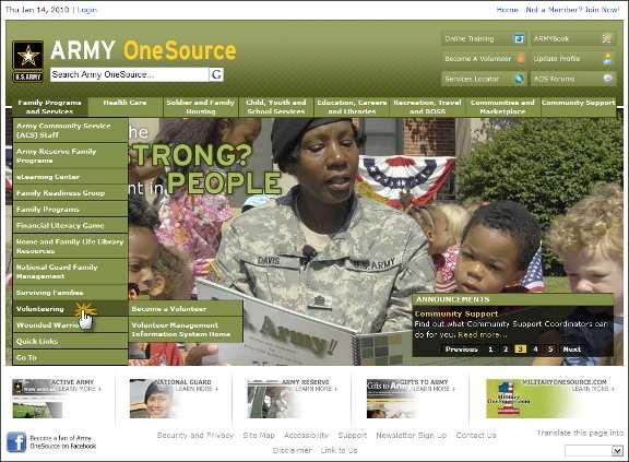 The Army OneSource website will open: Army OneSource Homepage (fig. 2.2) To learn more about volunteering, visit the Volunteering homepage.