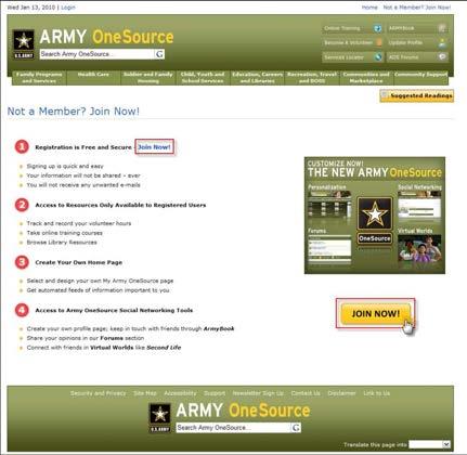 Army OneSource Information Screen (fig. 2.4) Click Join Now! to open the Site Registration page. NOTE: If you are already registered with www.armyfrg.