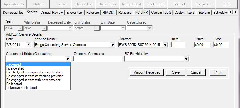 2) Entering a Bridge Counseling Service Outcome service on the Service tab in CAREWare for each