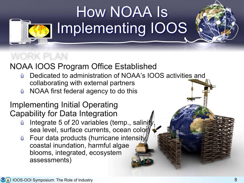 How NOAA Is Implementing IOOS WORK PLAN NOAA IOOS Program Office Established Dedicated to administration of NOAA s IOOS activities and collaborating with external partners NOAA first federal agency