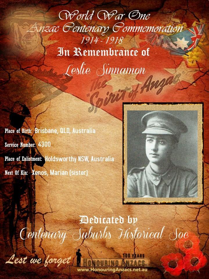 Robert Leslie Sinnamon 1898-1916. Born 1898, Seventeen Mile Rocks, Qld; Service no. 4300, 13th Reinforcement 13th Battalion. Enlisted Holdsworthy, NSW, 20 Aug.