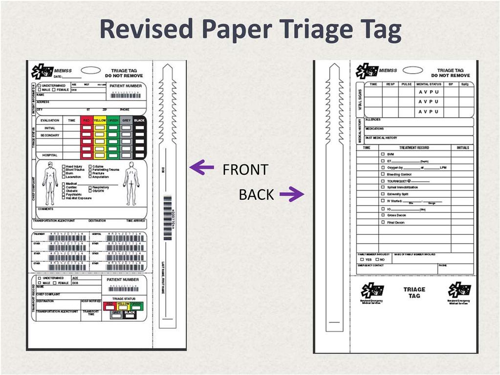 The triage tags now have a GREY triage status category. This category is not currently approved for use but is printed on the tag in anticipation of its approval for use in the future.