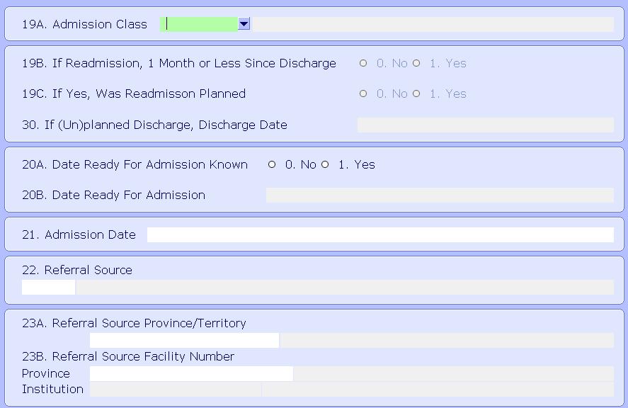 Administrative 19A Admission Class 19B And 30 20A Date Ready for Admission Known The type of inpatient rehabilitation admission. Use an F9 lookup to choose appropriate response.