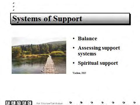 Slide 25 There are various systems of support for the nurse: Balance: Balance is the ability to provide compassionate, quality care to dying patients and their families and find personal satisfaction