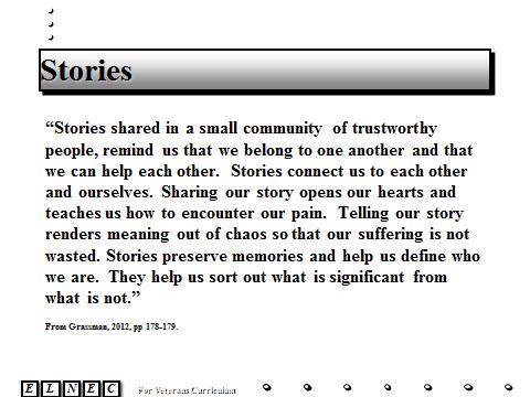 Slide 27 Stories Stories shared in a small community of trustworthy people, remind us that we belong to one another and that we can help each other. Stories connect us to each other and ourselves.