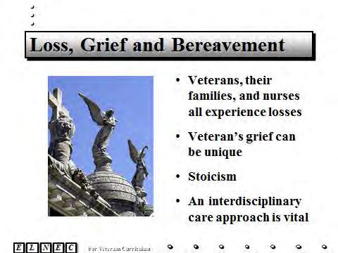 Slide 3 Loss, grief and bereavement are experienced by the Veteran, their families and nurses each must grieve in their own way: Using their own unique coping skills, In accordance with their own