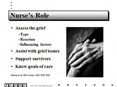 Slide 4 Nurses have a unique role in assessing, assisting, and supporting the Veteran and their family/friends who are experiencing grief, loss, and bereavement issues.