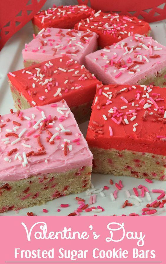 Valentine's Day Frosted Sugar Cookie Bars 1 cup butter 2 cups sugar 4 eggs 2 tsp. vanilla 5 cups flour Ingredients ½ teaspoon baking soda Instructions 1. Cream butter and sugar. 2. Add eggs and vanilla and mix.