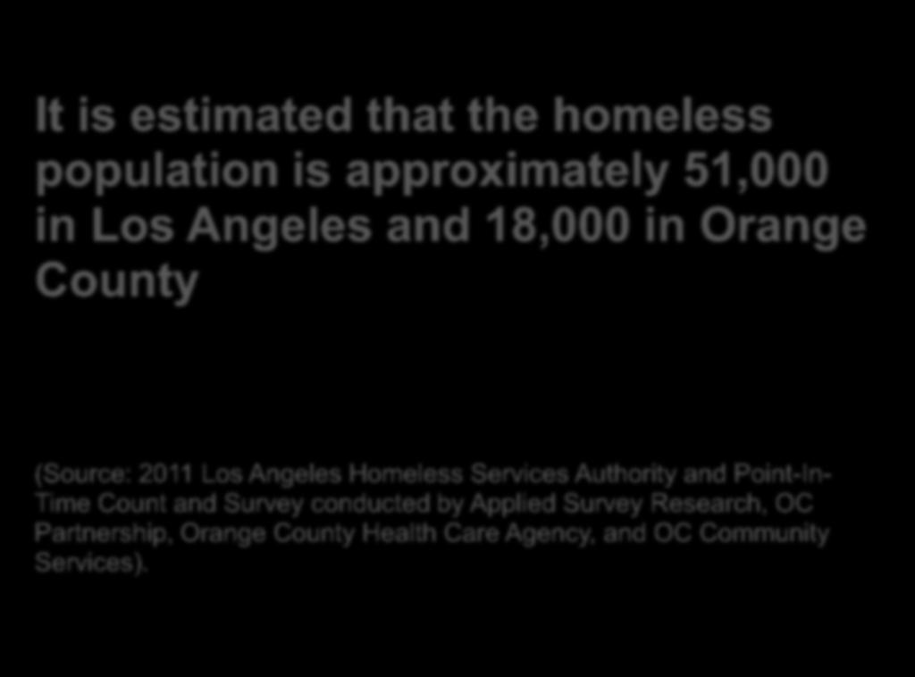 Homeless Population It is estimated that the homeless population is approximately 51,000 in Los Angeles and 18,000 in Orange County (Source: 2011 Los Angeles Homeless