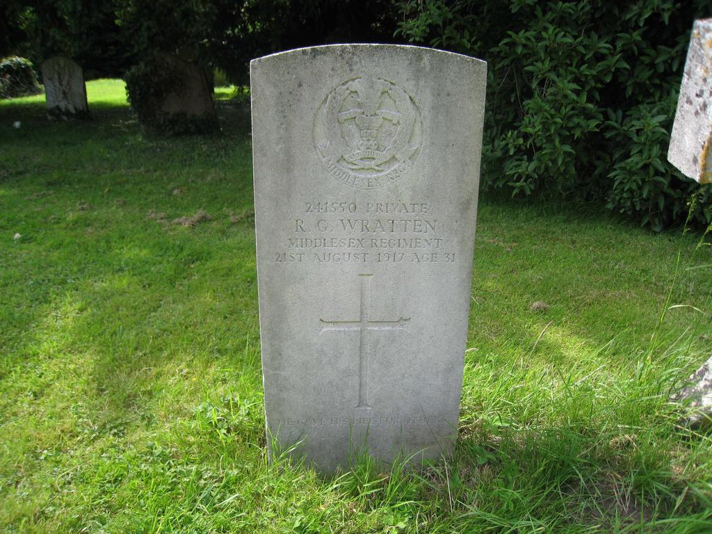 WRATTEN, ROLAND GLOVER. Private, 241550. 3rd/8th (Territorial Force) Battalion, Middlesex Regiment. Died Tuesday 21 August 1917. Aged 31. Born West Hythe, Kent. Enlisted and resided Hythe, Kent.