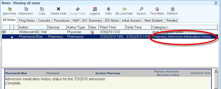 Notes that are filed via the Admission Navigator will also automatically file to a note type of Pharmacy Admission Medication History.