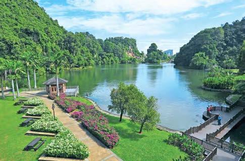 Two limestone hills, Gunung Lang and Gunung Bilike, along with three man-made lakes create a