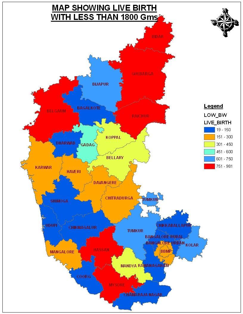 Map depicting Low Birth Weight Name of the District Indicator Live birth with less than 1.