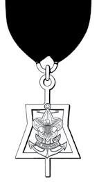 Seabadge pin, restricted, presented by the National Council to adult leaders who have completed the course requirements for basic training; centered above right pocket, above the Sea Scouts, BSA
