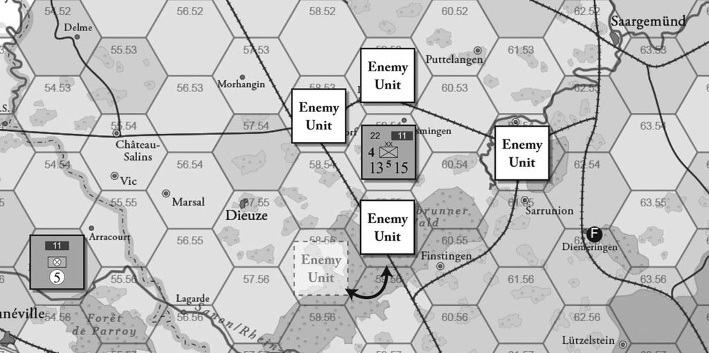 Any number of armies supply units LOCs can be traced via a double-track RR line hex. 15.