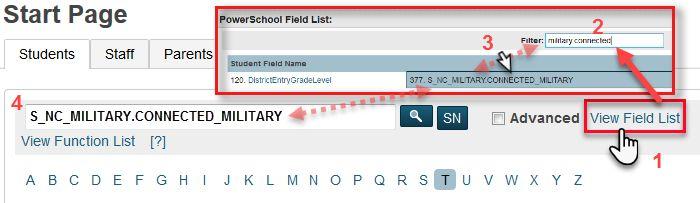 Searching Military Record Associations Navigation: Start Page (recommend School level if searching to correct data, but search may be done at LEA Level for reports, etc.) > View Field List 1. 2. 3. 4.