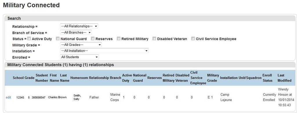 Military Report Use the filters in the Search area to view data in various ways.