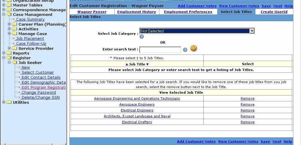 Job Seeker Registration Selection of Job Titles Job
