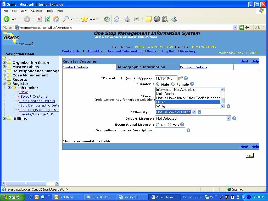 Registration WIA This is the Demographic Information page of the Common Customer Intake.