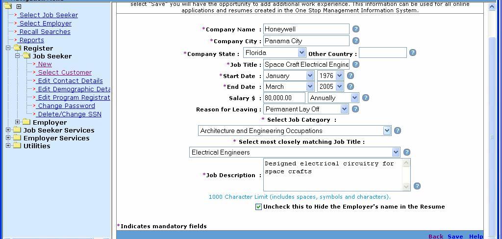 Job Seeker Registration Employment History The employment history is the next page of the