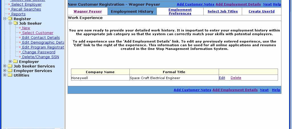 This is an example of a summary of the complete employment history page.