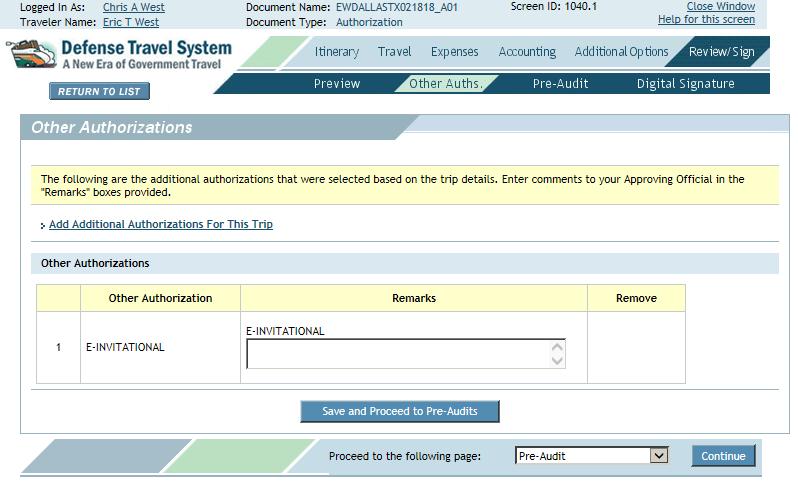 Figure 2-7: Other Authorizations Screen: E-INVITATIONAL Other