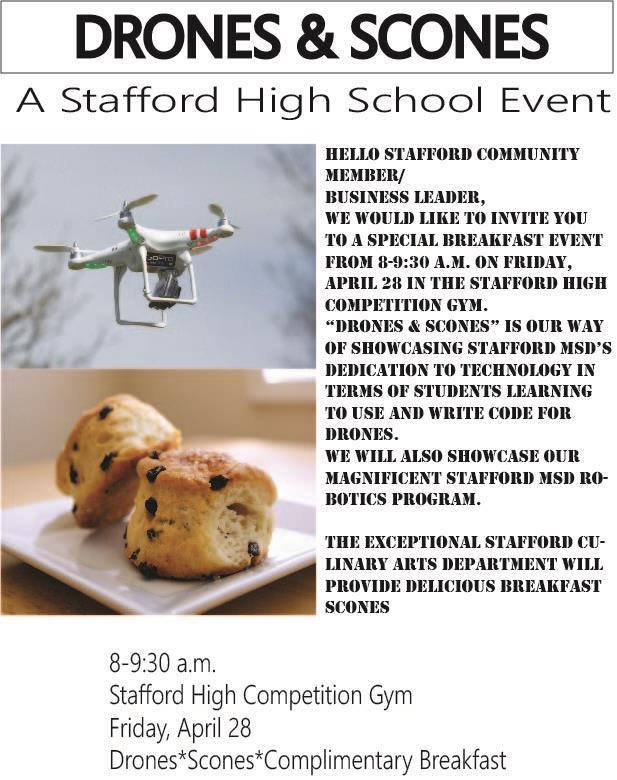 ON FRIDAY, APRIL 28 Stafford MSD is hosting Drones & Scones from 