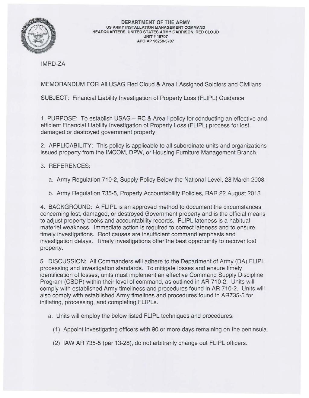 DEPARTMENT OF THE ARMY US ARMY INSTALLATION MANAGEMENT COMMAND HEADQUARTERS, UNITED STATES ARMY GARRISON, RED CLOUD UNIT# 15707 APO AP 96258-5707 IMRD-ZA 1 Dec, 2014 MEMORANDUM FOR All USAG Red Cloud