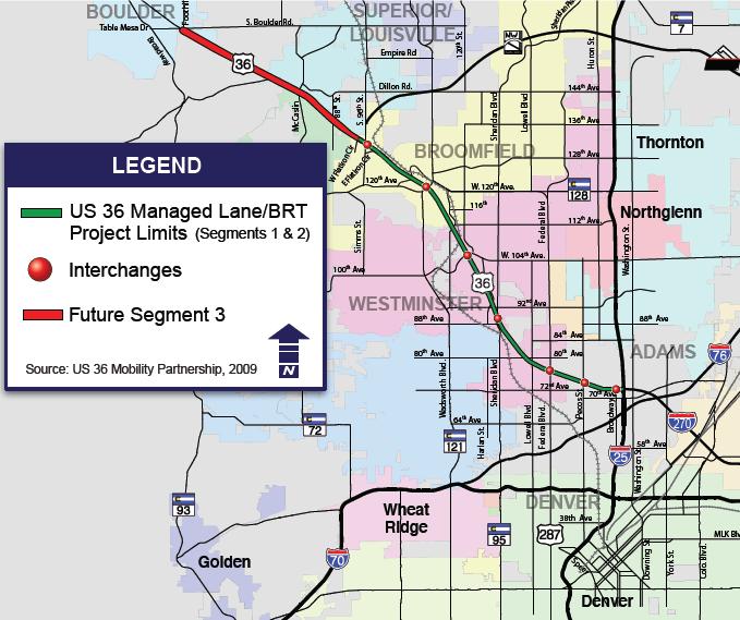 US 36 Phase 1 marries managed lanes (MLs) and bus rapid transit (BRT) projects Project is 10- mile segment of U.S. 36 between Denver and Boulder Upon completion in 2015, U.S. 36 will be