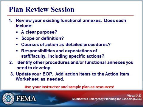 ACTIVITY: PLAN REVIEW SESSION Visual 5.23 Key Points Purpose: This session will enable you to review your plans and identify ways to improve the functional annexes based on the unit contents.