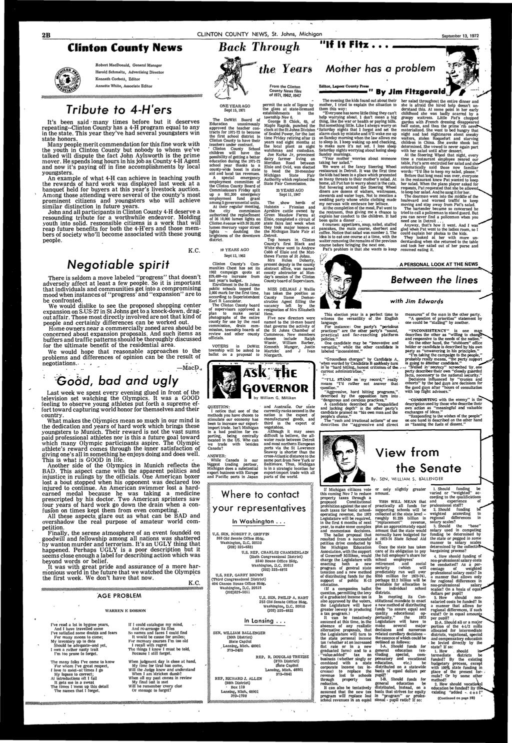 2B CLINTON COUNTY NEWS, St. Johns, Michigan September 13, 1972 Clinton County News Back Through "If It Fitz.