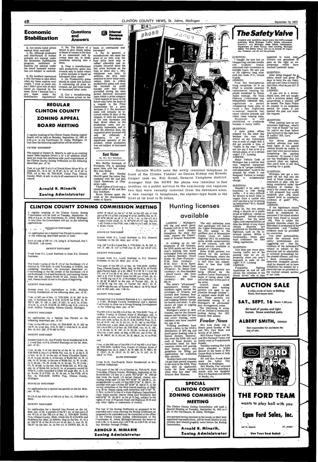 4B CLINTON COUNTY NEWS, St. Johns, Michigan September 13, 1972 Economic Stabilization Q, Ar