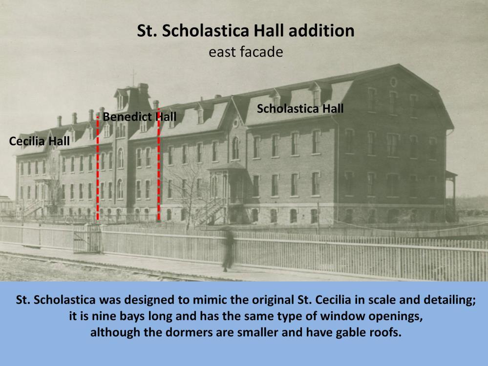Front view (east entrance) of the three wings of St. Benedict's Convent in 1892 http://cdm.csbsju.edu/cdm/ref/collection/sbm/id/144, SBM.11a03c: With the addition of Scholastica Hall in 1892, St.