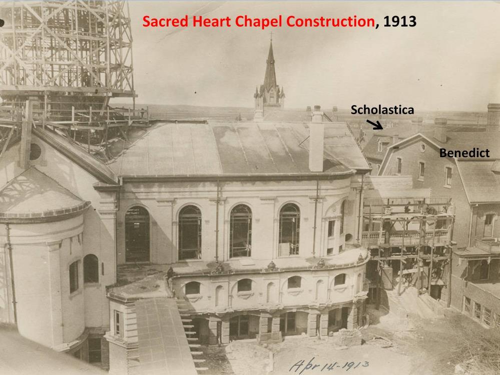 Sacred Heart Chapel construction, 1913 The dome, the link between the chapel to the convent, and the south cloister walk connecting the chapel to Teresa Hall were constructed simultaneously.