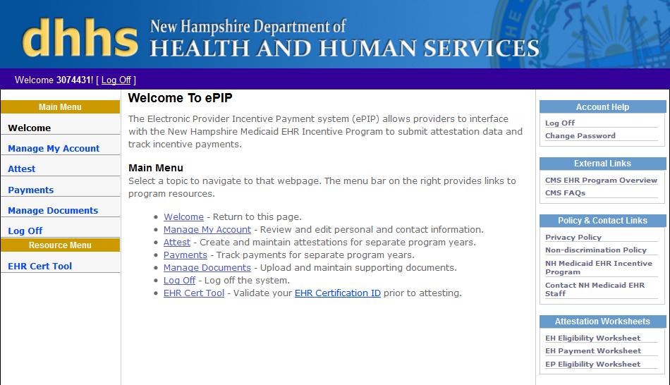 Welcome to Your epip Account Once logged on to epip, EPs may navigate to these options: Welcome: Display the Welcome page. Manage My Account: Review and edit contact information.