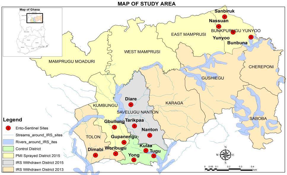 Figure 2: 2015 PMI-supported IRS districts, previously sprayed districts, and entomological sites Table B: Selected entomological variables, IRS and non-irs Districts, 2010-2015 Bunkpurugu-Yunyoo