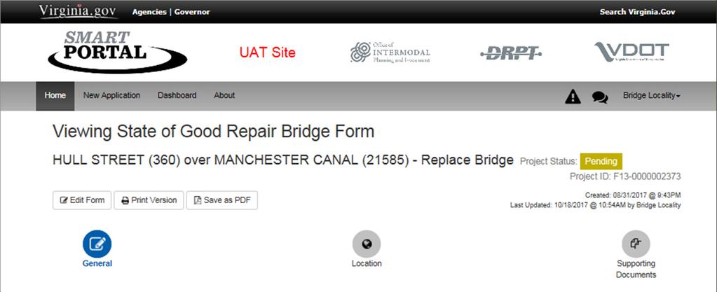 SGR Bridge Work Notification Form After selecting the Work Notification Form to complete, the view below will be