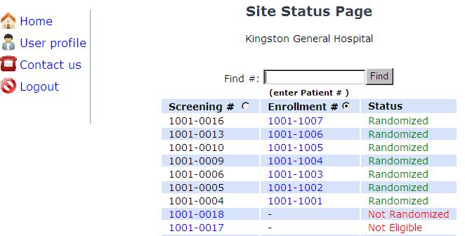 This page is a listing of all patients screened and randomized to the study at your site. To enter data for a new patient, select the Add patient link.