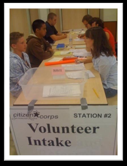 Station #2: Volunteer Intake Desk Purpose: To interview spontaneous volunteers Duties: Check that volunteer has completed Intake Form Conduct brief interview with volunteer, confirm skills and