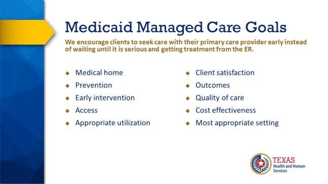 HHSC has set a number of goals for Medicaid managed care in the State of Texas.