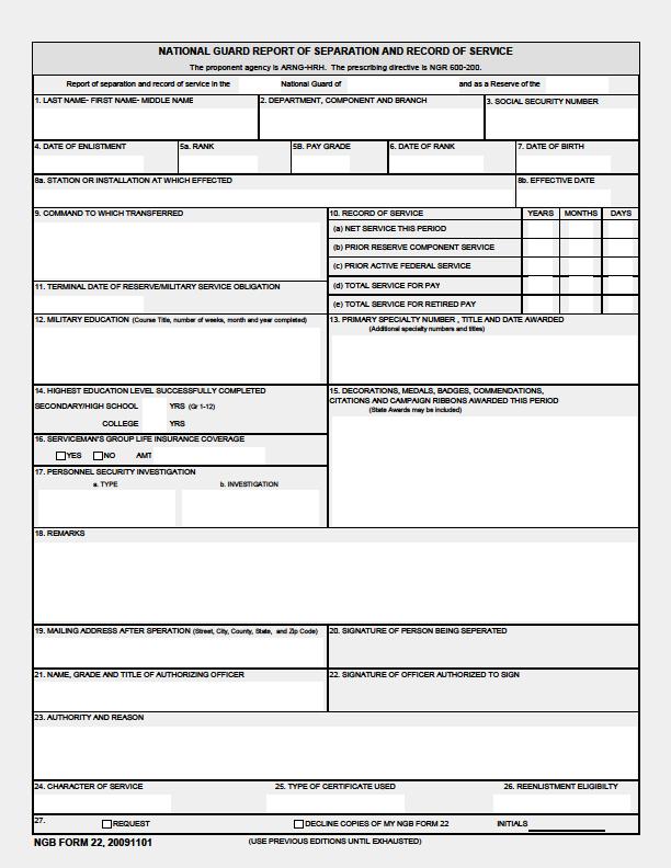 National Guard Documentation to Validate Veteran status National Guard Bureau NGB Form 22/22A National Guard Report of Separation and Record of Service, Issued upon a Guard Member s retirement,