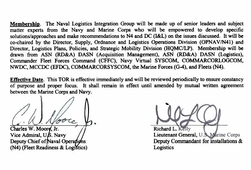 Actions Terms Of Reference (TOR) signed by VADMMoore, Deputy Chief of Naval Operations (Fleet Readiness & Logistics) and LtGen Kelly,