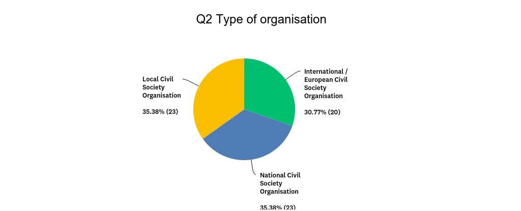 Type of organisation Of the 65 answers received, the respondents are almost evenly divided between European (30.77%), national (35.38%) and local (35.38%) civil society organisations.