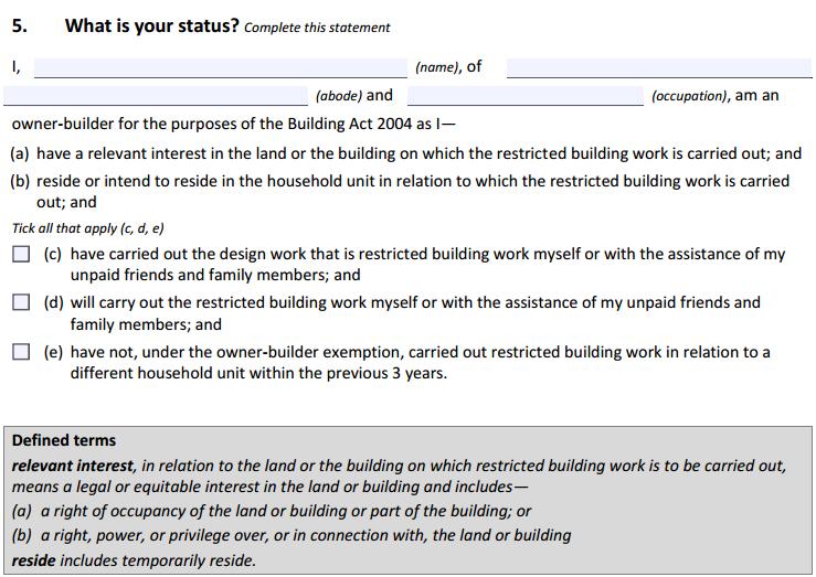 5 What is your status? Please enter your name, address and occupation. Please select all options that apply to your building project.