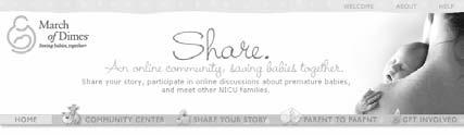 Community Center - social and site help Share Your Story - stories through blogs, short stories & comments Parent to Parent - topical, informational, useful Get Involved - local and national action,